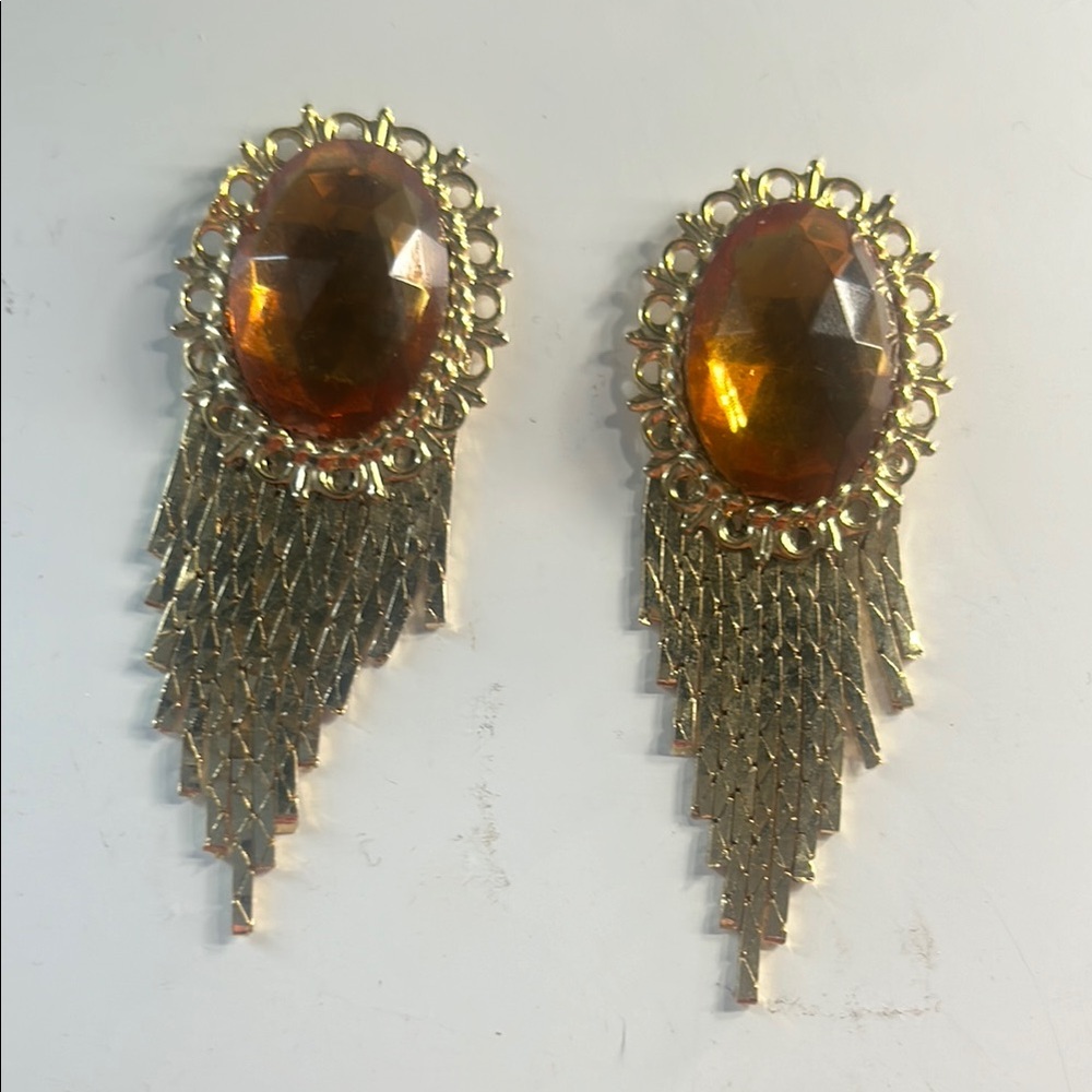Gold and Orange Fringe Earrings with Gemstone Center